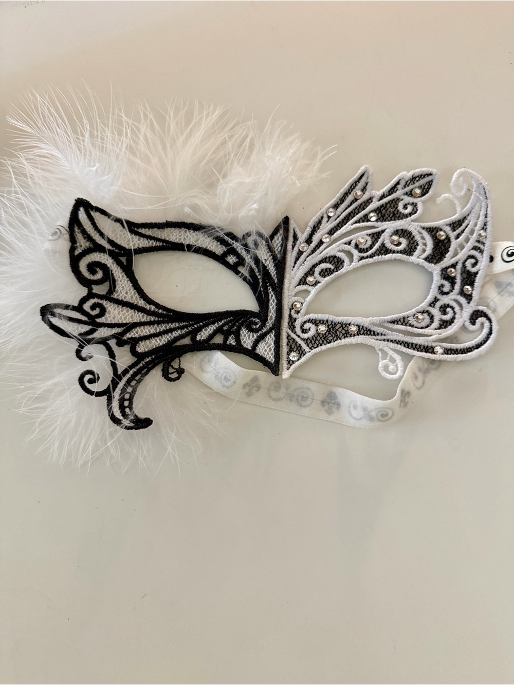 Handmade Swarovski Crystal Feather Masquerade Mask PHANTOM BLACK AND WHITE